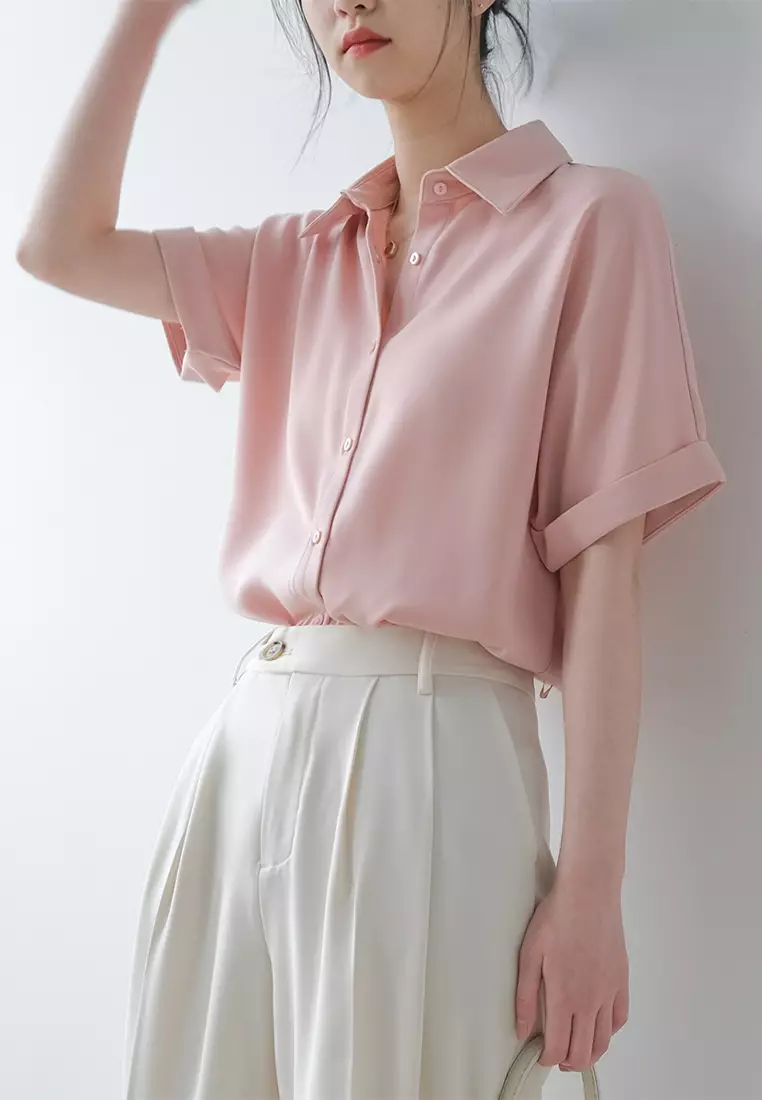 Summer Japanese thin satin drape short-sleeved shirt CA24032503W