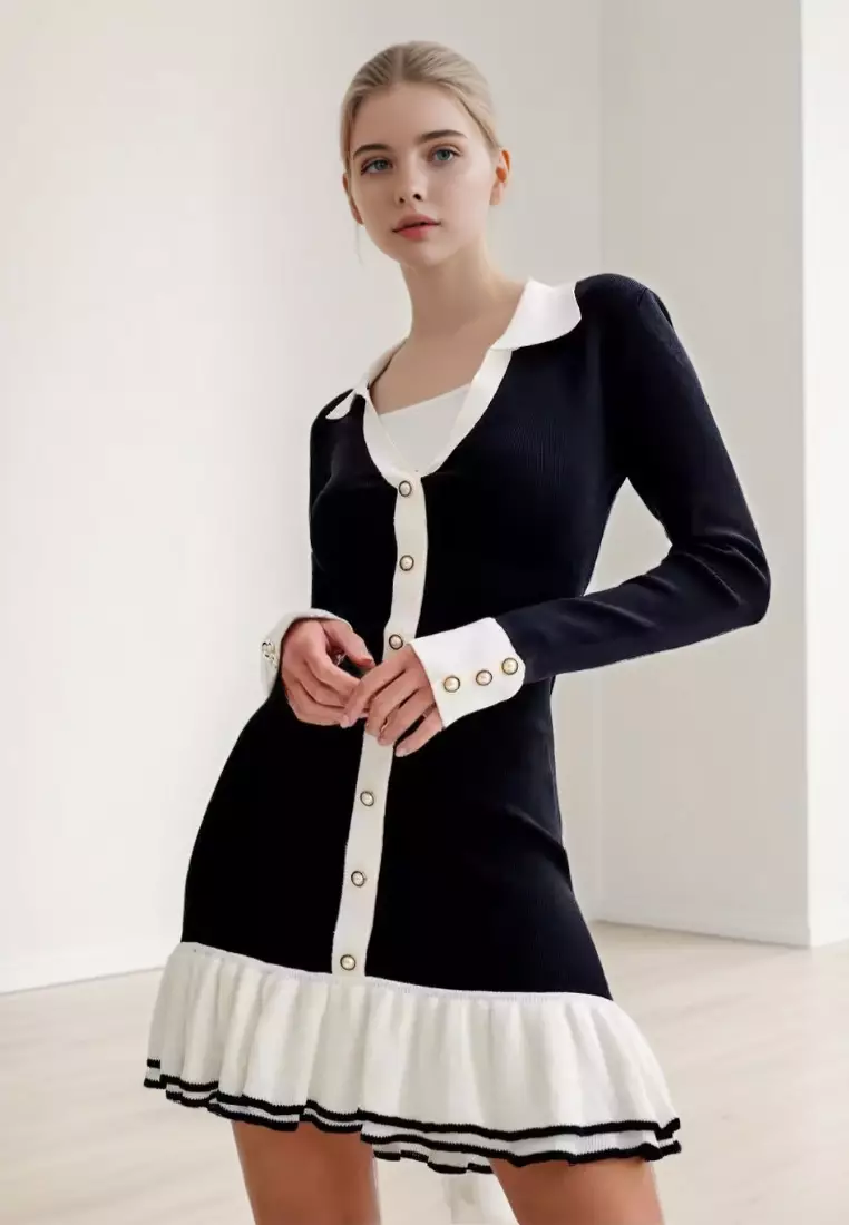 New elegant bow ruffle knitted long-sleeved women's dress K103105BK