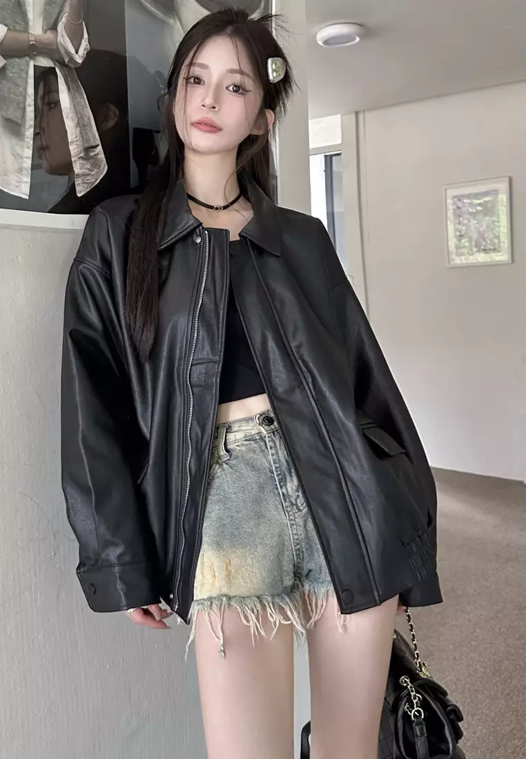 American retro Maillard leather jacket CA24092321BK