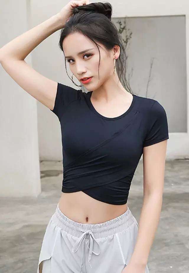 High Waist Short Sleeves Quick-Drying Yoga Sports Top A21031705BK