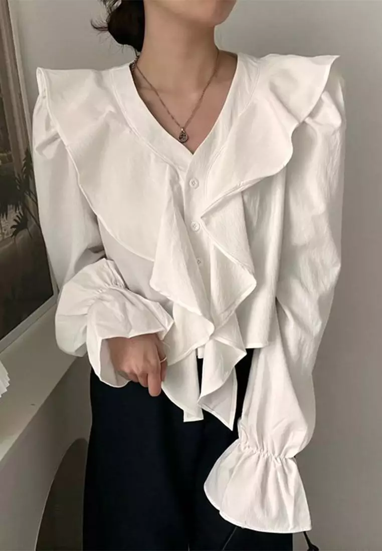 French fashion trumpet sleeve versatile top CA24092743BK