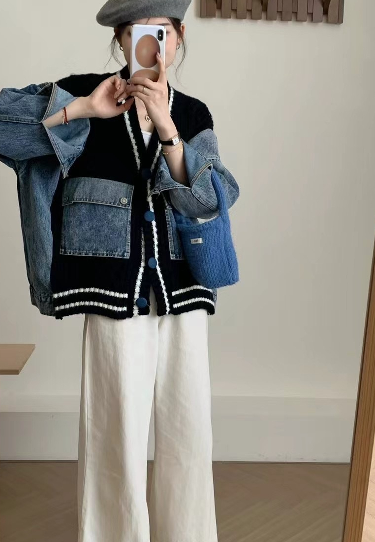 Temperament new denim splicing knitted jacket Cardigans K121001BL