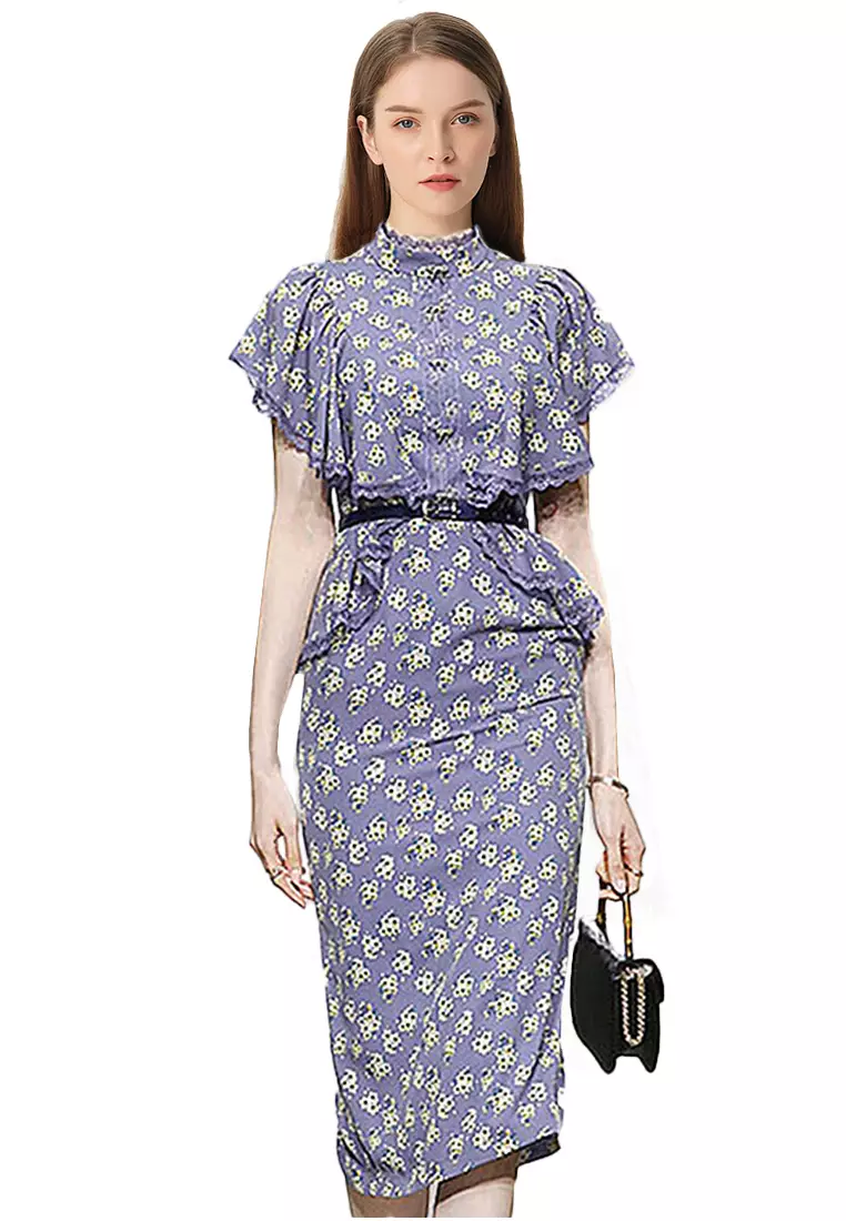 6- Retro Lotus Leaf Sleeve Slim Floral One-Piece Dress A22050308PU-M