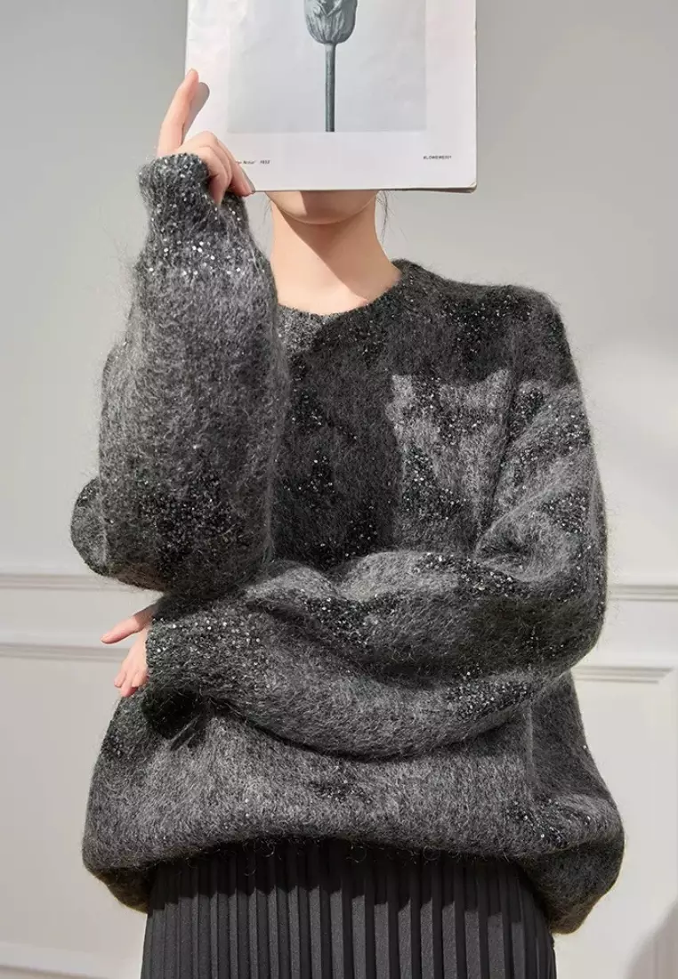 Temperament new gray star pattern shiny mohair knitted sweater top K112601