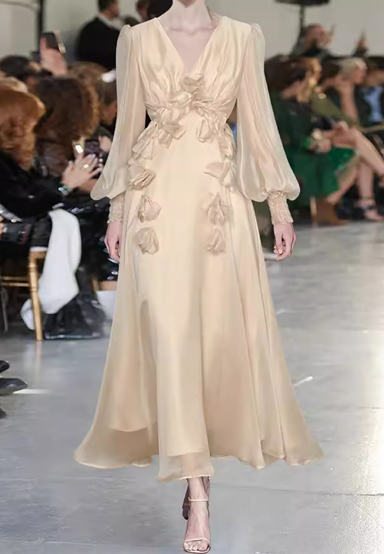 Champagne lantern sleeve lace up dress CA24102522BE