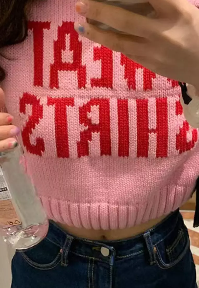 Korean high waisted short sleeved letter knit sweater CA24092712BE