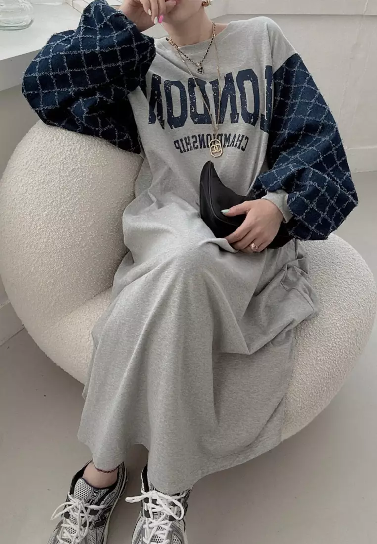 Spliced lantern sleeve printed loose dress CA24092508BK