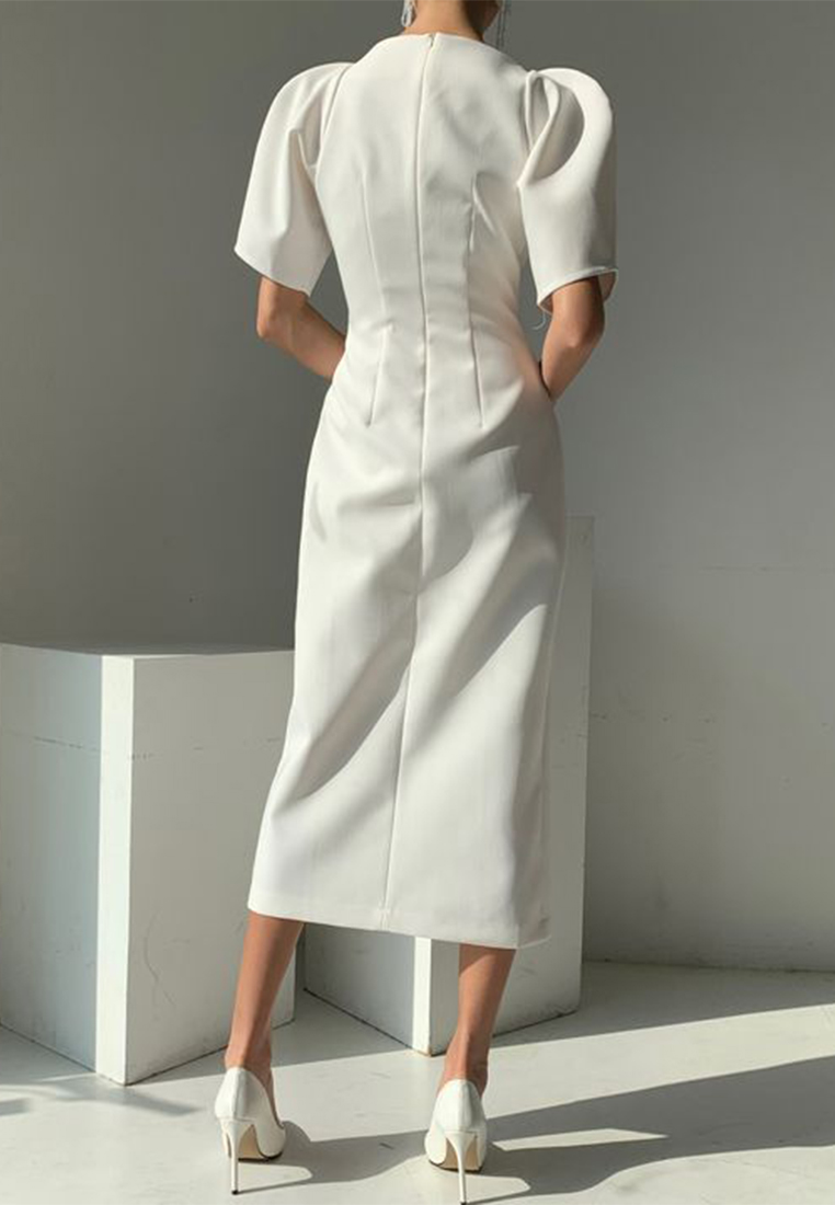 French V-neck solid color slit dress CA25032726W