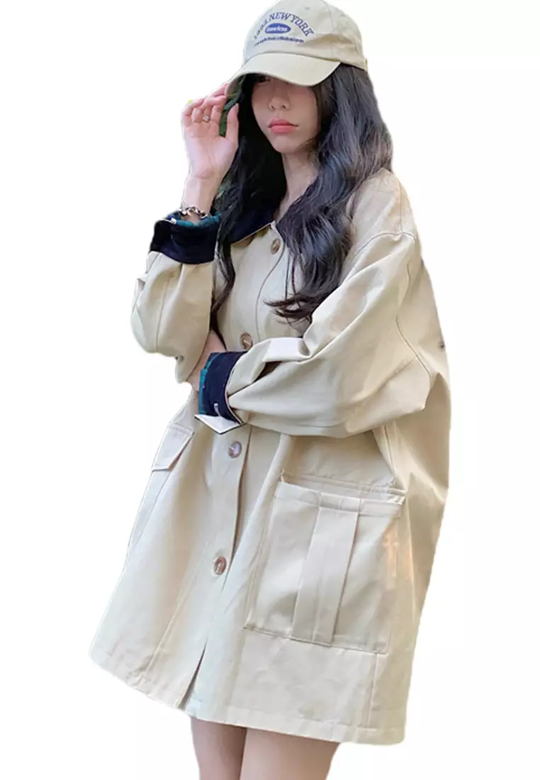 Color blocking versatile long casual windbreaker jacket CA24092323BL