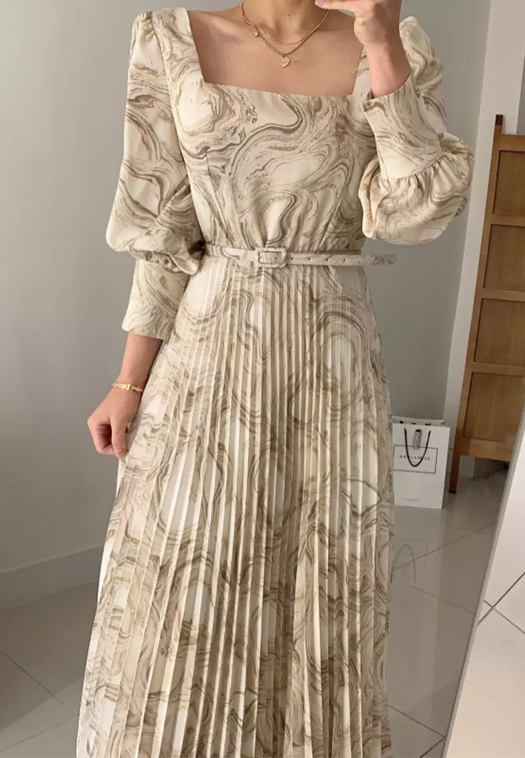 Fashionable printed waist cinching dress with belt included CA24092746MT