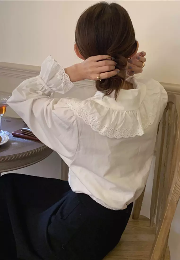 Lace versatile single breasted flared sleeve shirt CA24092726W