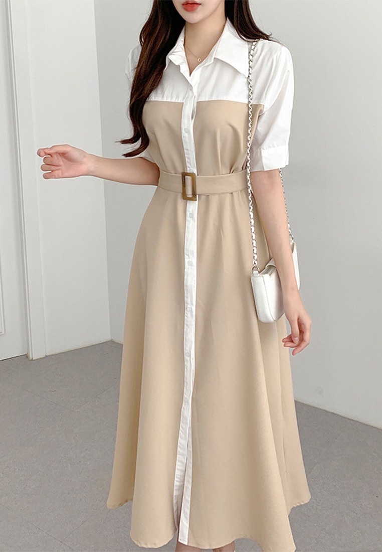 Temperament Splicing Waist Strap Dress CA25032746GR