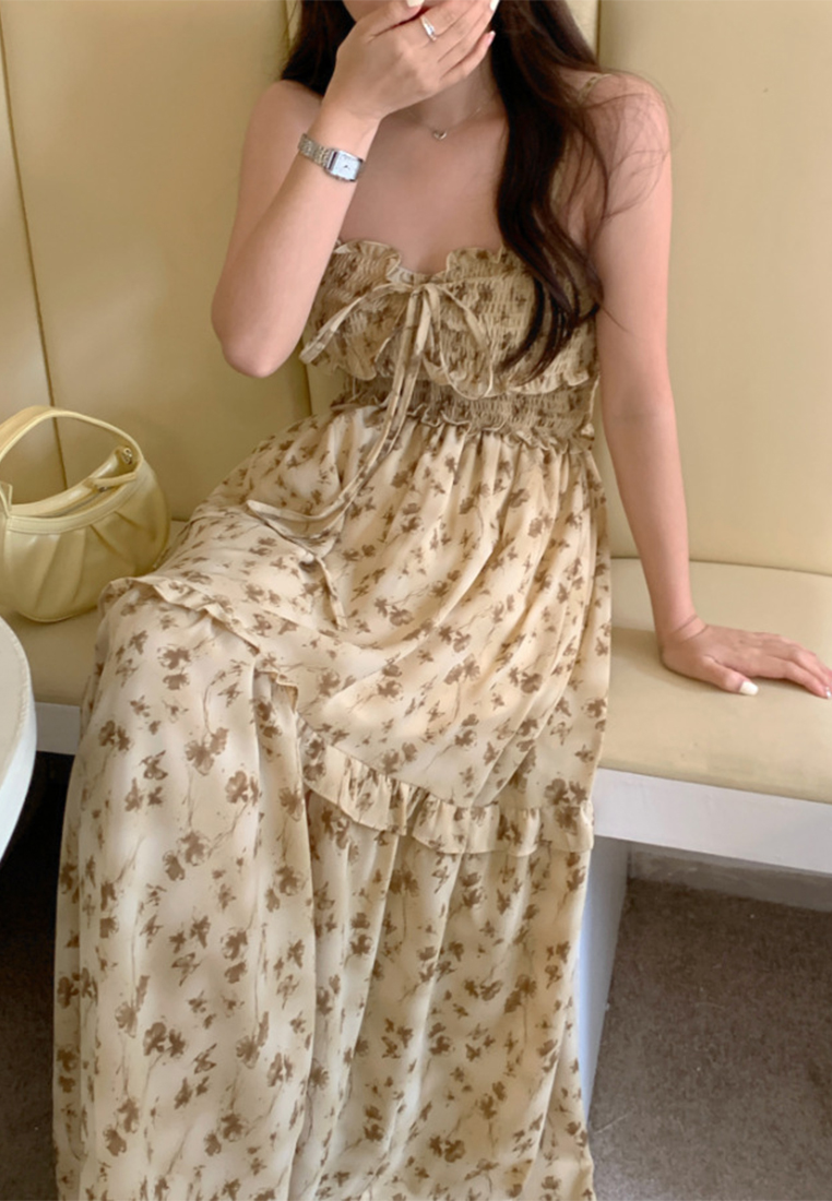 Retro square collar waist cinching floral suspender dress CA25032736YE