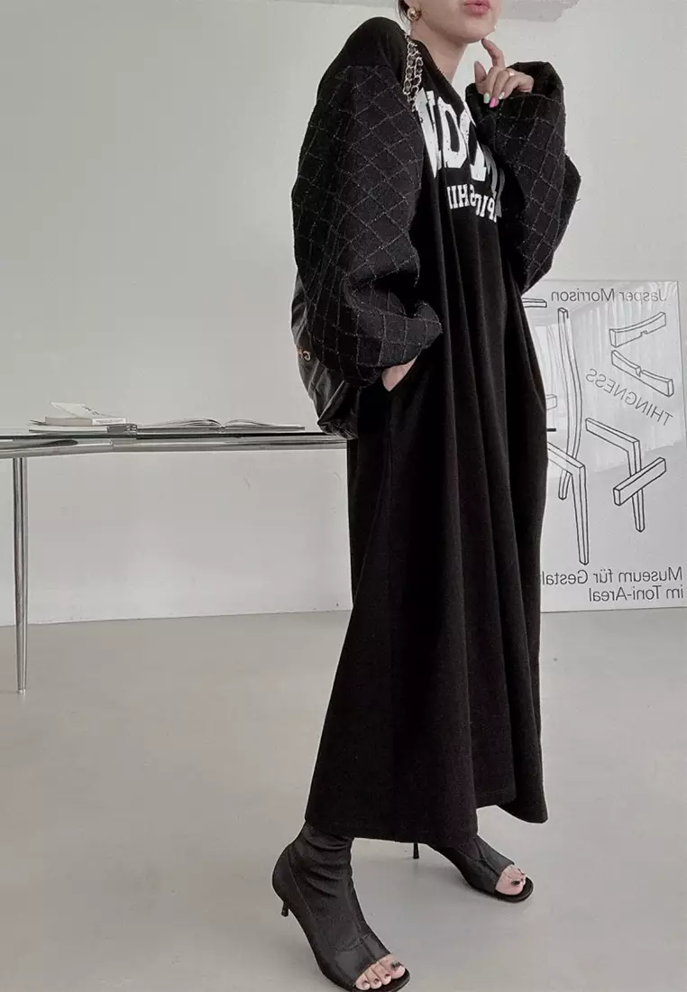 Spliced lantern sleeve printed loose dress CA24092508BK