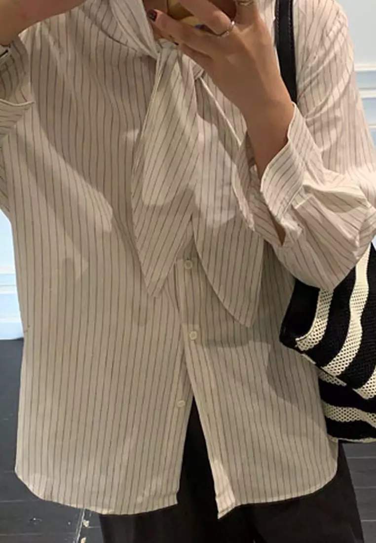 Korean style loose casual shirt with tied straps CA24092502BK