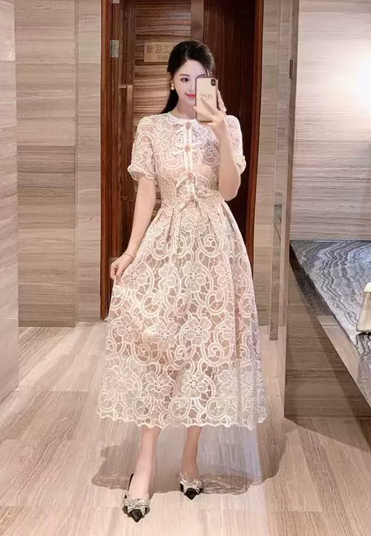 French round neck puff sleeve lace waisted long skirt CA25021334RD