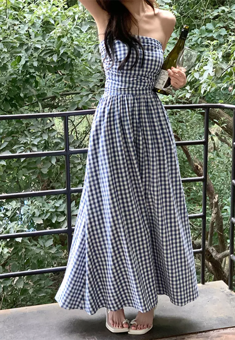 [Copy]2024 Summer New Strapless Fresh Plaid Dress K050904BK