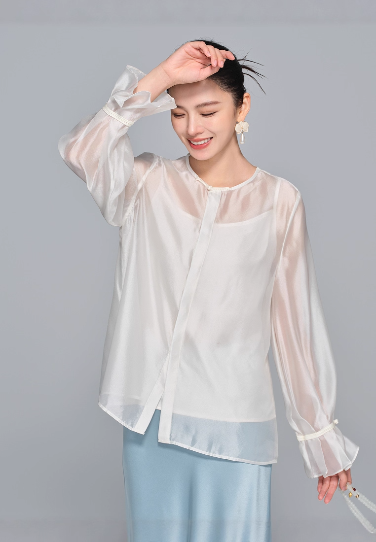 New Chinese Style Light National Trend Sheer Gauze Crew Neck Long Sleeve CA20251215W