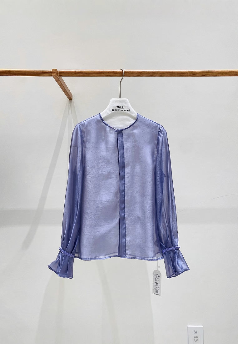 New Chinese Style Light National Trend Sheer Gauze Crew Neck Long Sleeve CA20251215W
