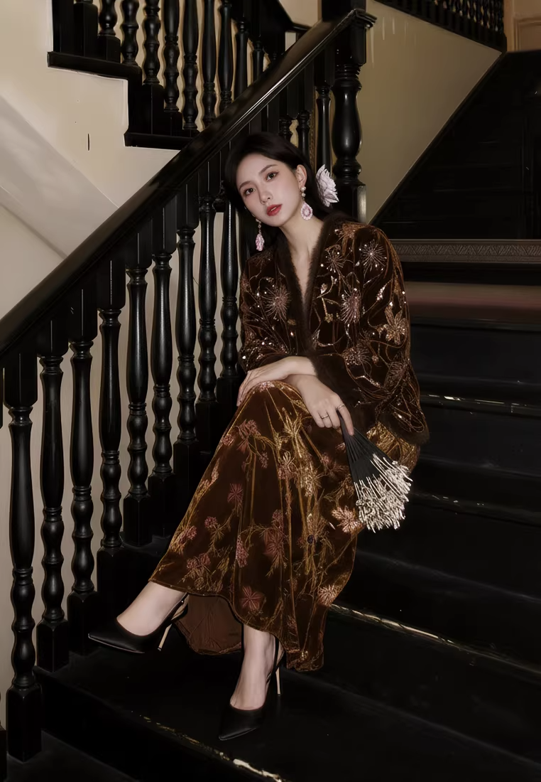 Vintage Mink Fleece Lined Embroidered Beaded Coat, V-neck Jacquard Cami Dress Set CA2025121521BW