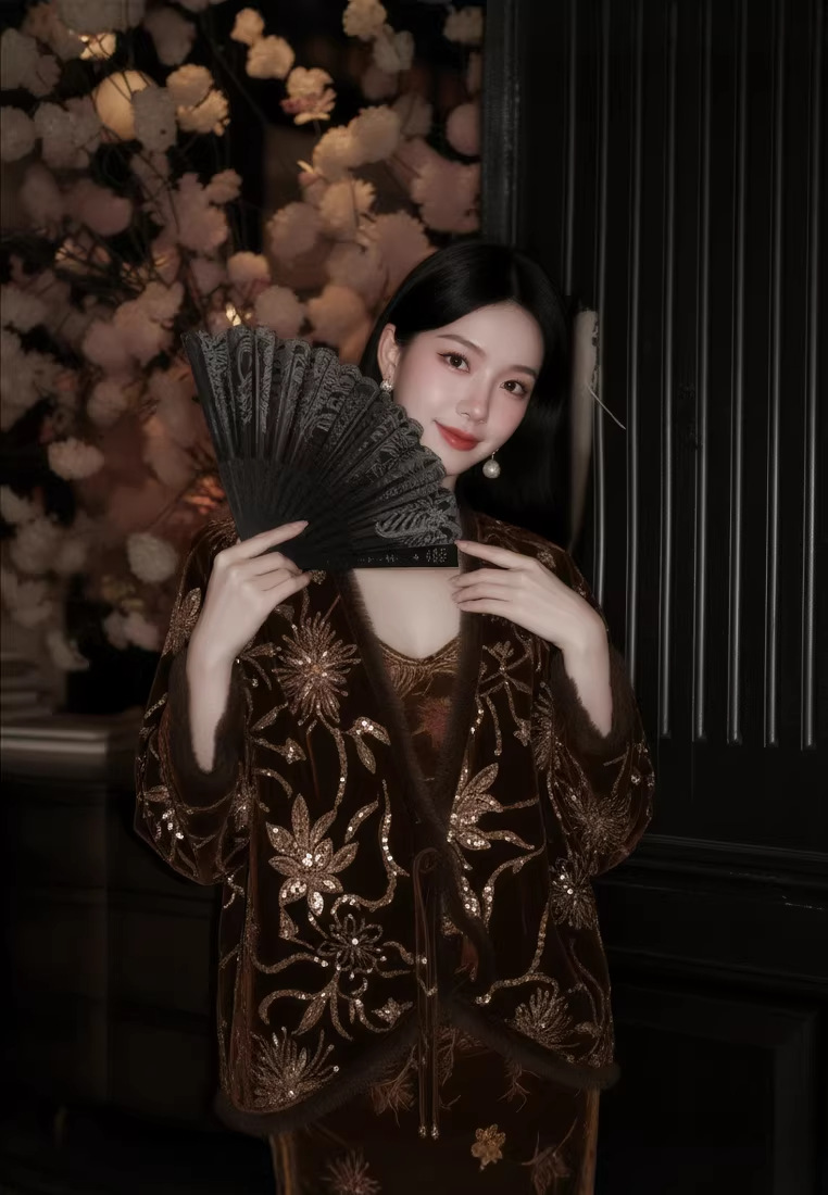 Vintage Mink Fleece Lined Embroidered Beaded Coat, V-neck Jacquard Cami Dress Set CA2025121521BW