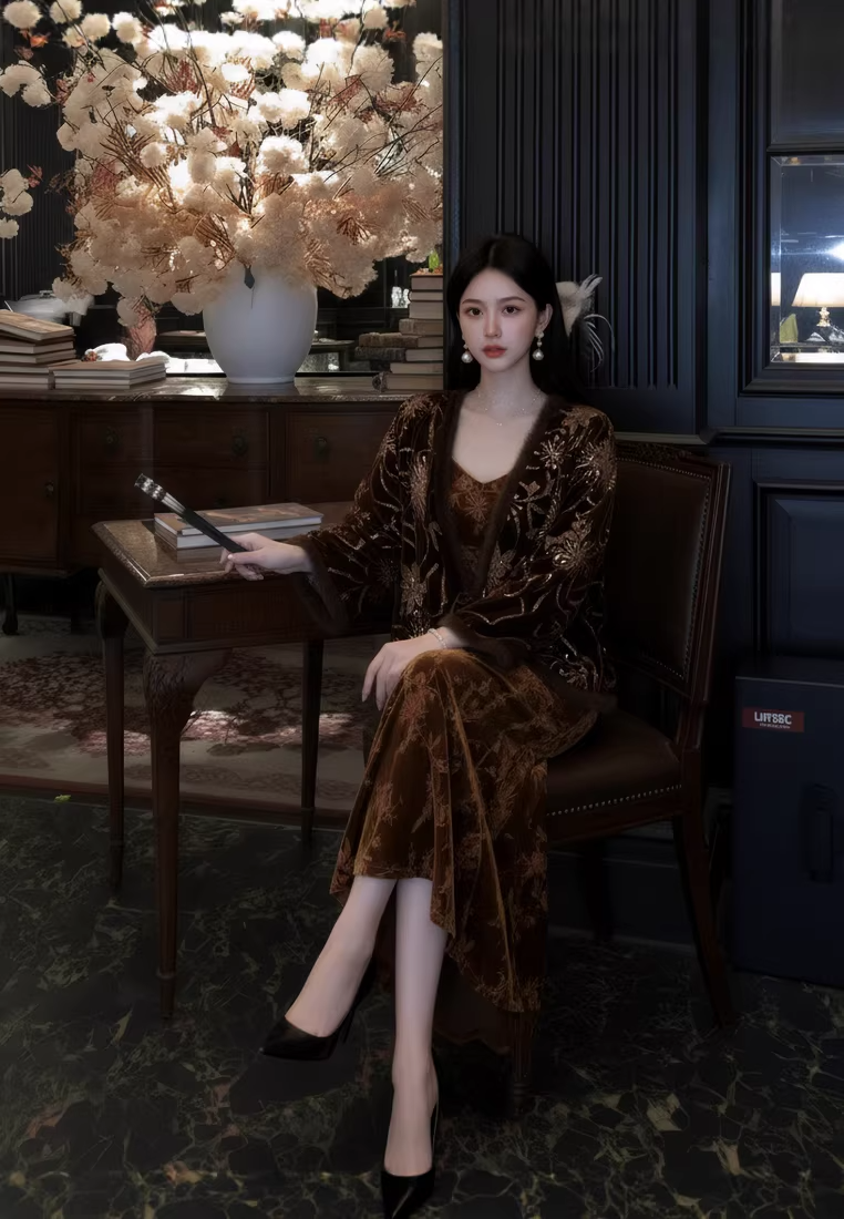 Vintage Mink Fleece Lined Embroidered Beaded Coat, V-neck Jacquard Cami Dress Set CA2025121521BW