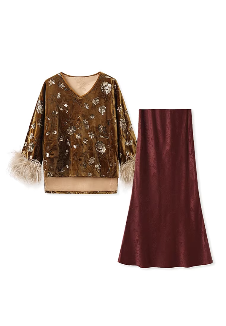 New Chinese Retro Embroidered Sequin Loose Top and Skirt Set CA2025121519BW