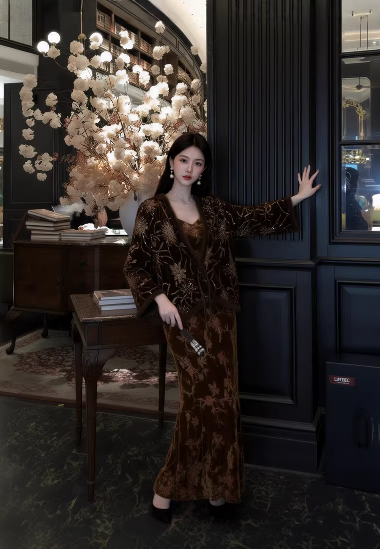 Vintage Mink Fleece Lined Embroidered Beaded Coat, V-neck Jacquard Cami Dress Set CA2025121521BW