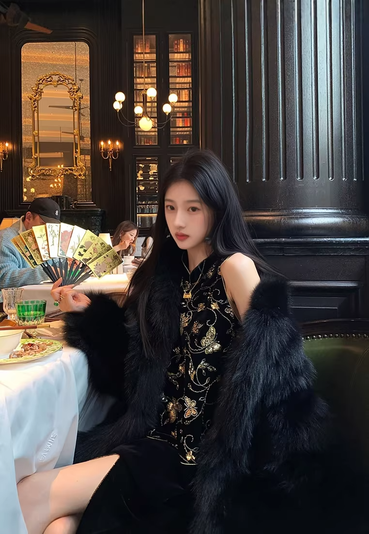 New Chinese  Stand Collar Sleeveless Vest + Split Velvet Skirt Set CA25121521BK