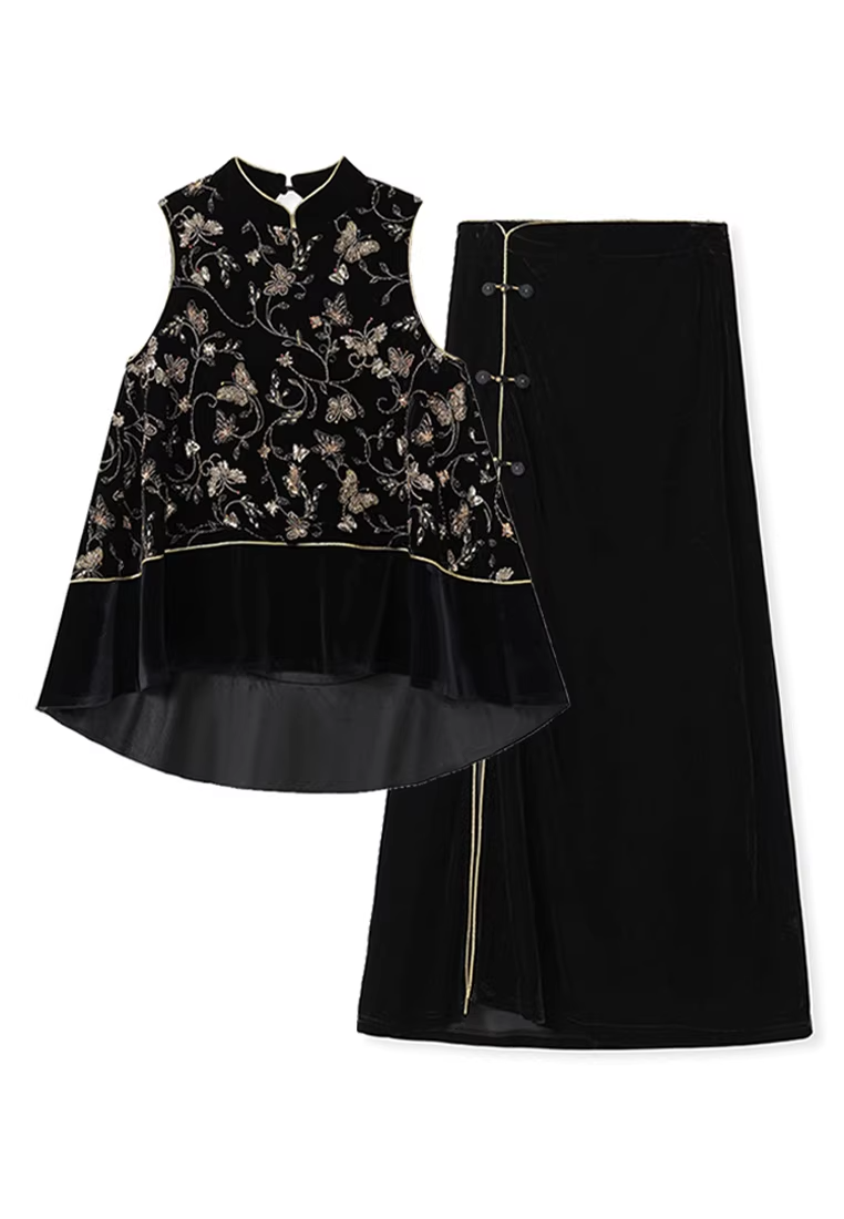 New Chinese  Stand Collar Sleeveless Vest + Split Velvet Skirt Set CA25121521BK