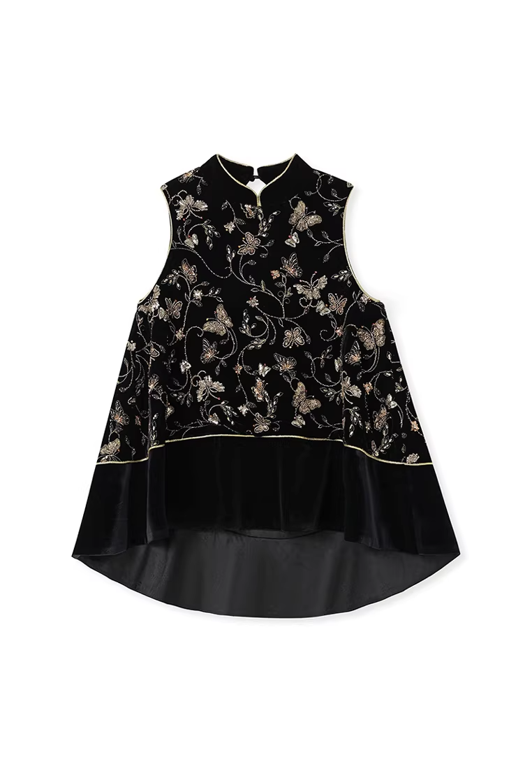 New Chinese  Stand Collar Sleeveless Vest + Split Velvet Skirt Set CA25121521BK