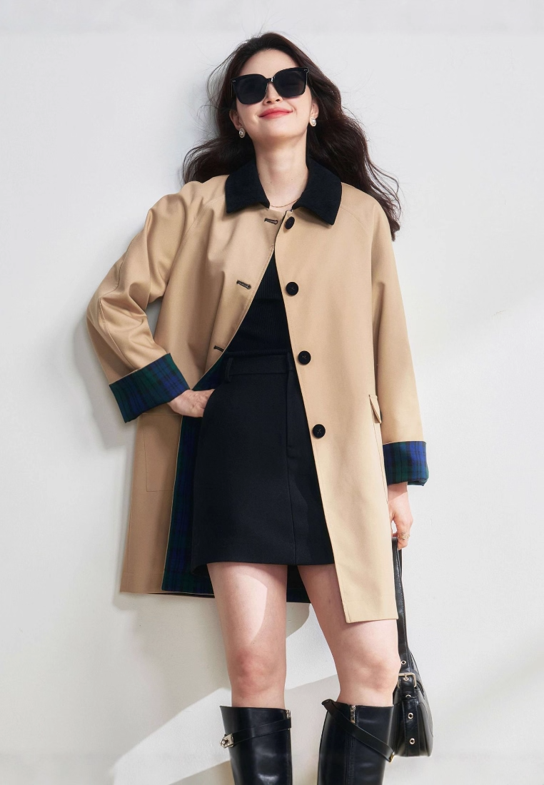 New retro plaid khaki long coat CA25111701BE