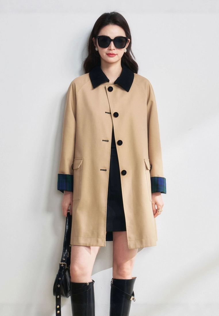 New retro plaid khaki long coat CA25111701BE