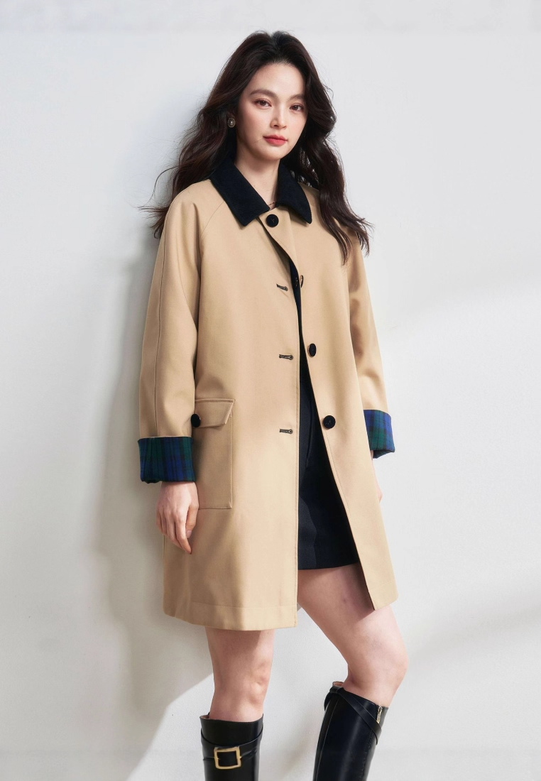 New retro plaid khaki long coat CA25111701BE