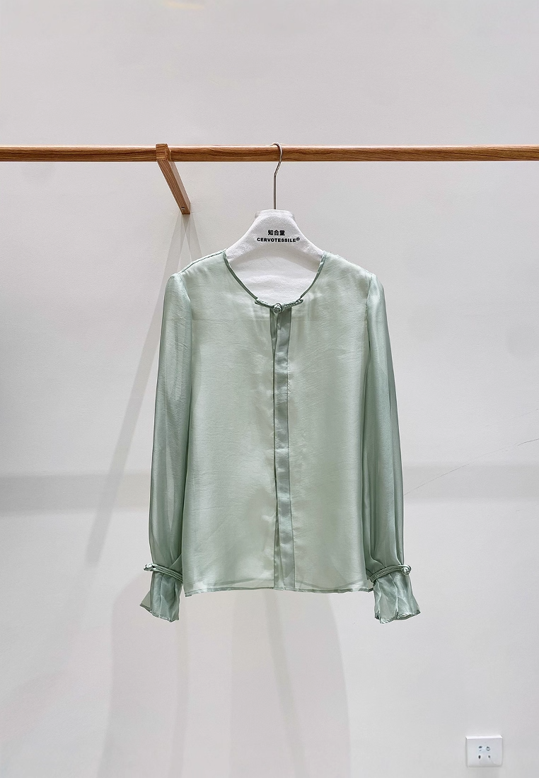 New Chinese Style Light National Trend Sheer Gauze Crew Neck Long Sleeve CA20251215W