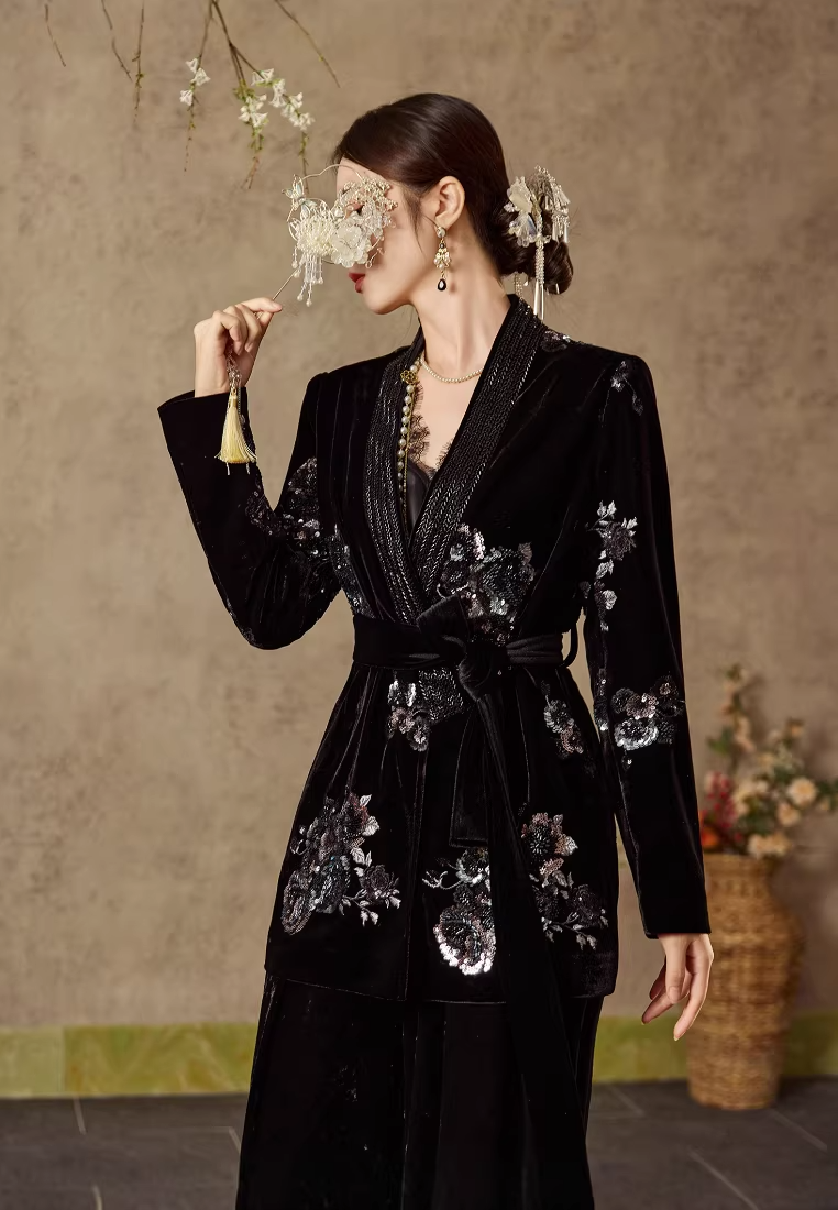 High-End New Chinese Rose Heavy-Duty Embroidery Coat, Vest and Skirt CA2025121520BK