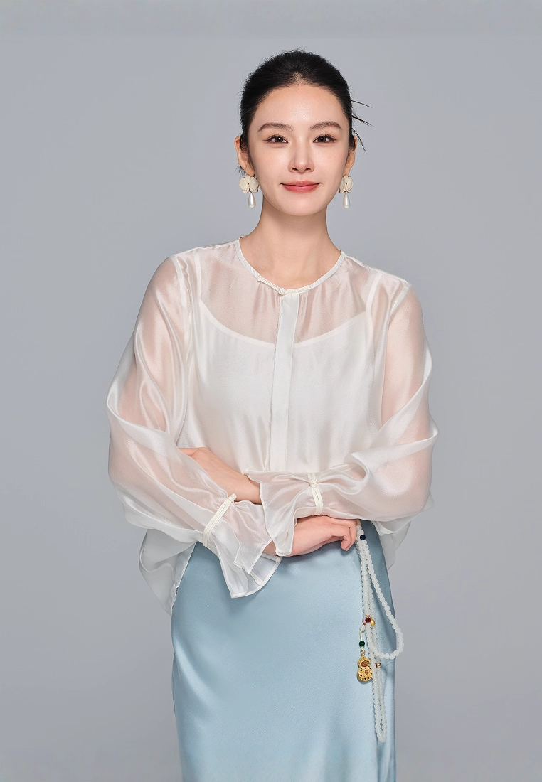 New Chinese Style Light National Trend Sheer Gauze Crew Neck Long Sleeve CA20251215W