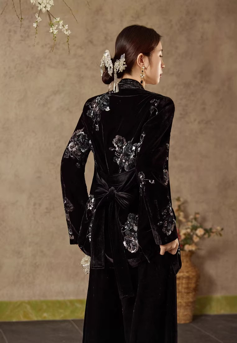 High-End New Chinese Rose Heavy-Duty Embroidery Coat, Vest and Skirt CA2025121520BK