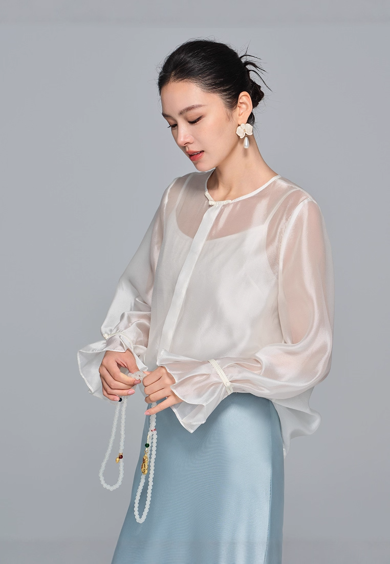 New Chinese Style Light National Trend Sheer Gauze Crew Neck Long Sleeve CA20251215W