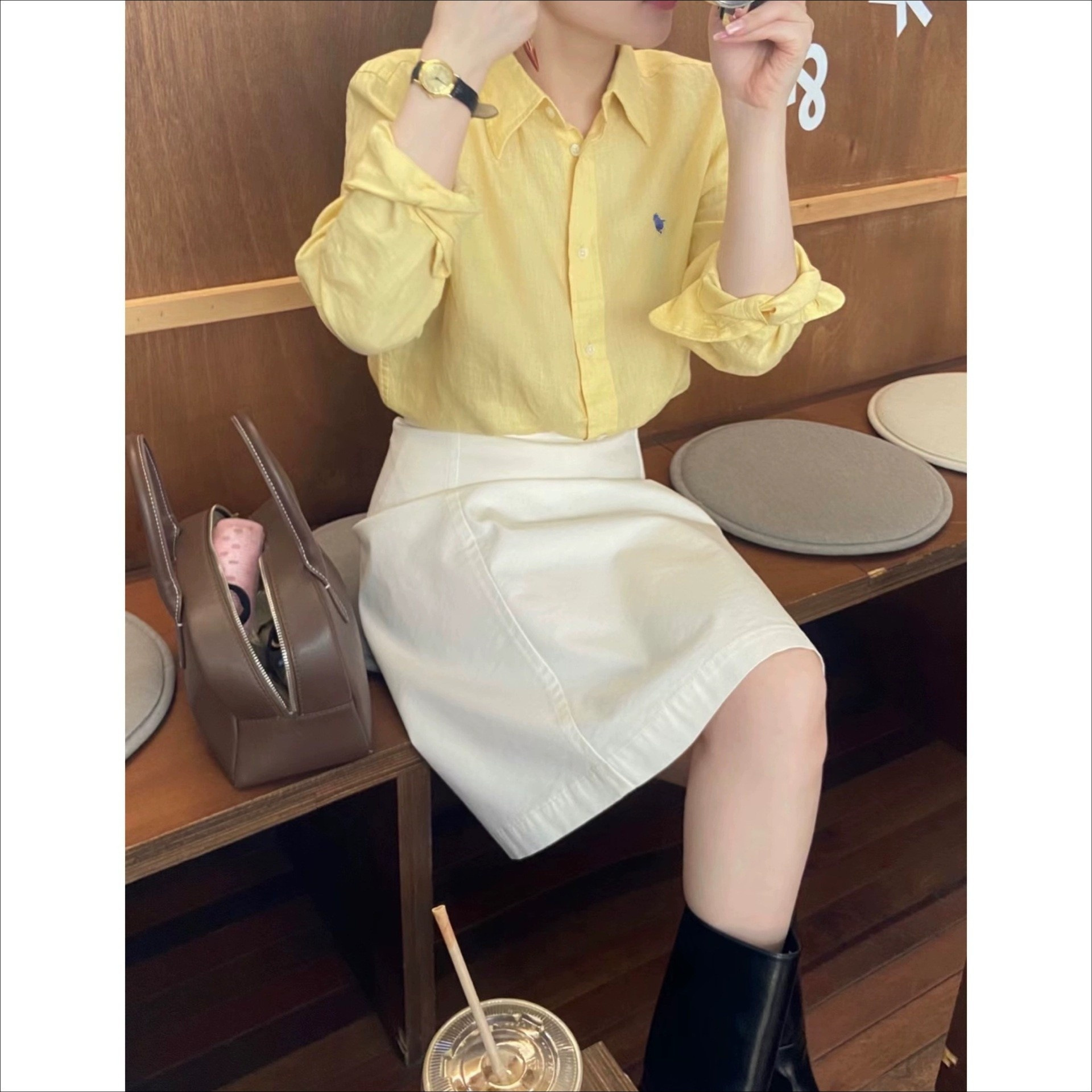 Linen Long Sleeve Button Down Shirt With Small Horse Embroidery Loose Fit Sun Protection Blouse K26032407