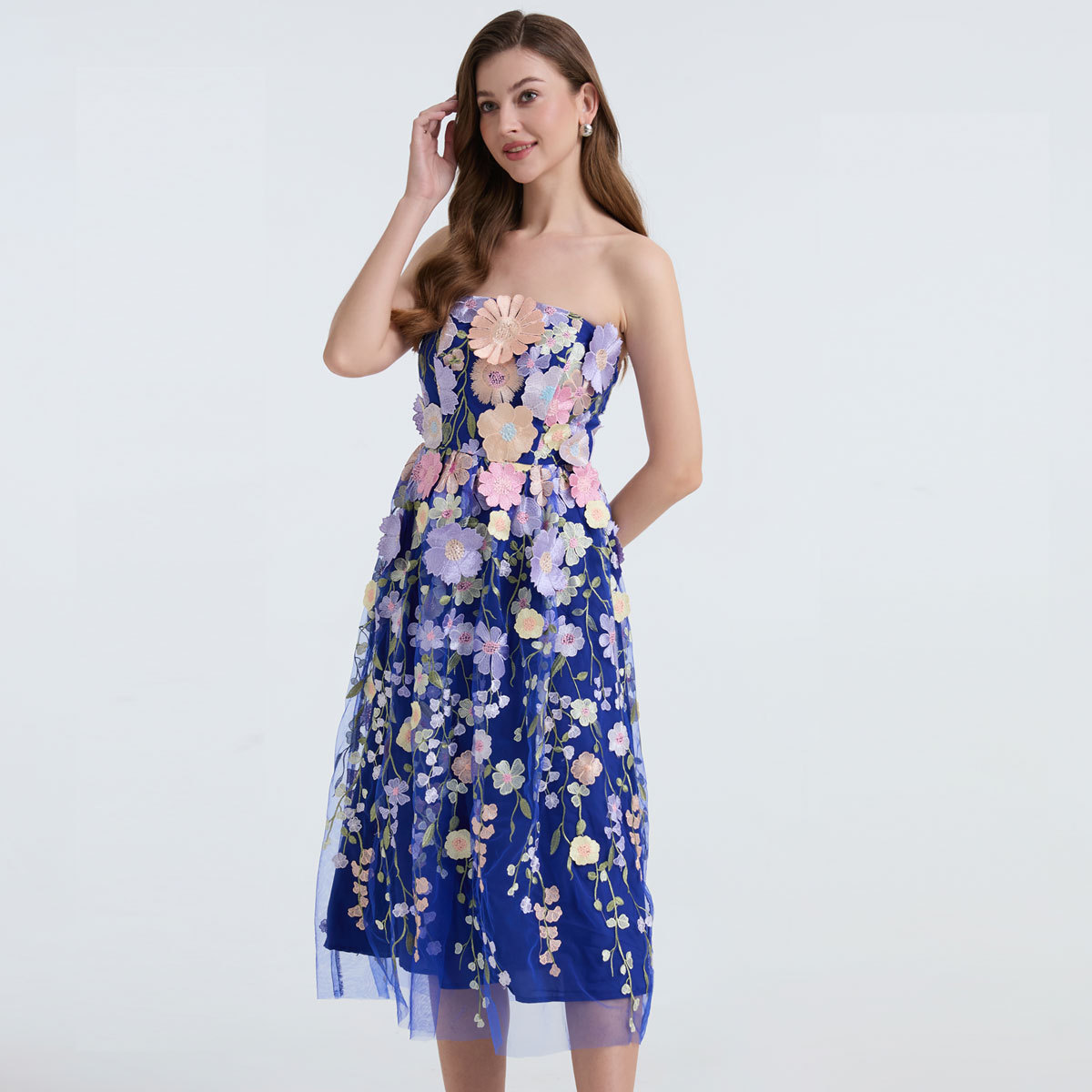 Strapless 3D Floral Tulle Midi Dress Prom Party Wedding Guest Dress K26032301