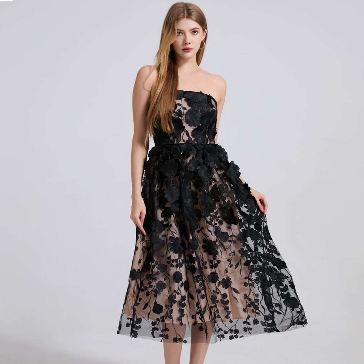 Strapless 3D Floral Tulle Midi Dress Prom Party Wedding Guest Dress K26032301