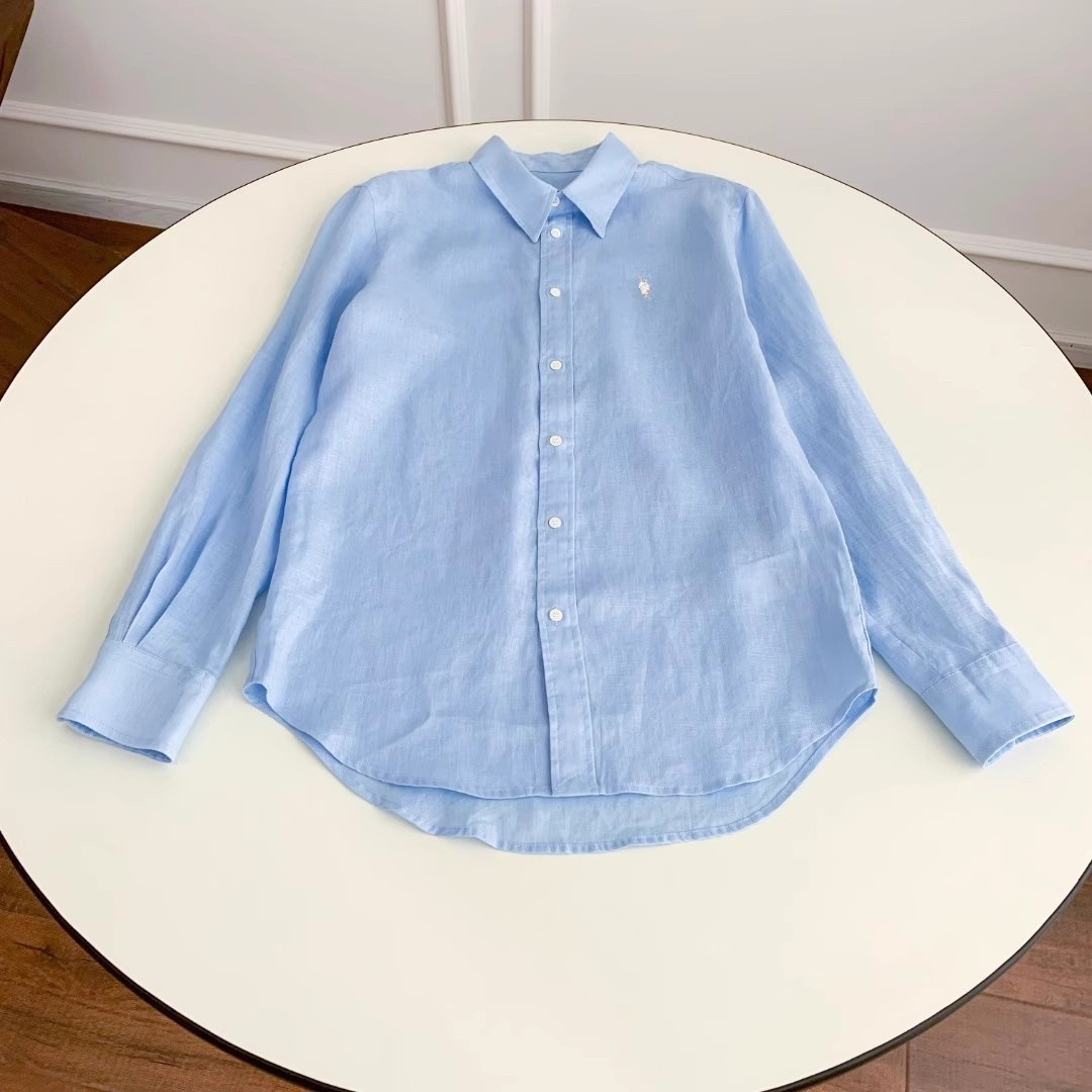 Linen Long Sleeve Button Down Shirt With Small Horse Embroidery Loose Fit Sun Protection Blouse K26032407