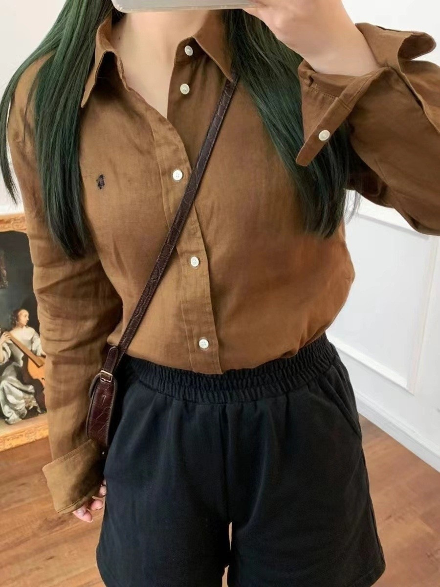 Linen Long Sleeve Button Down Shirt With Small Horse Embroidery Loose Fit Sun Protection Blouse K26032407