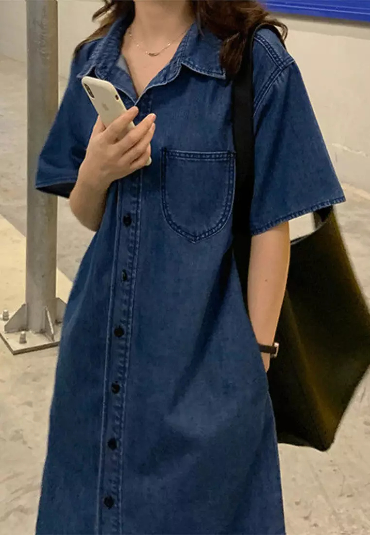 2024 Summer Retro Denim Mid length Dress CA24041814BL