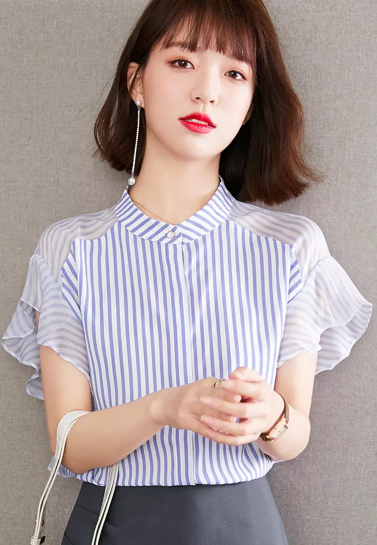 Small Fresh Striped Chiffon Short-Sleeved Shirt Top A22022522BL-XXL