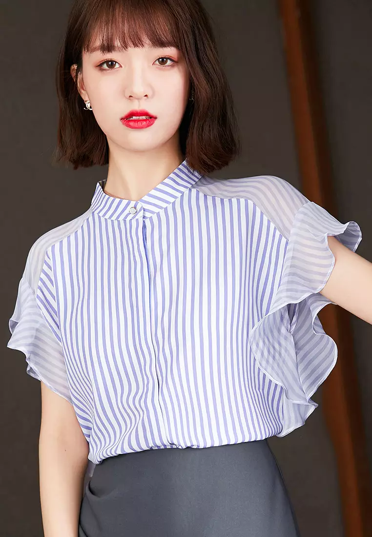 Small Fresh Striped Chiffon Short-Sleeved Shirt Top A22022522BL-XXL