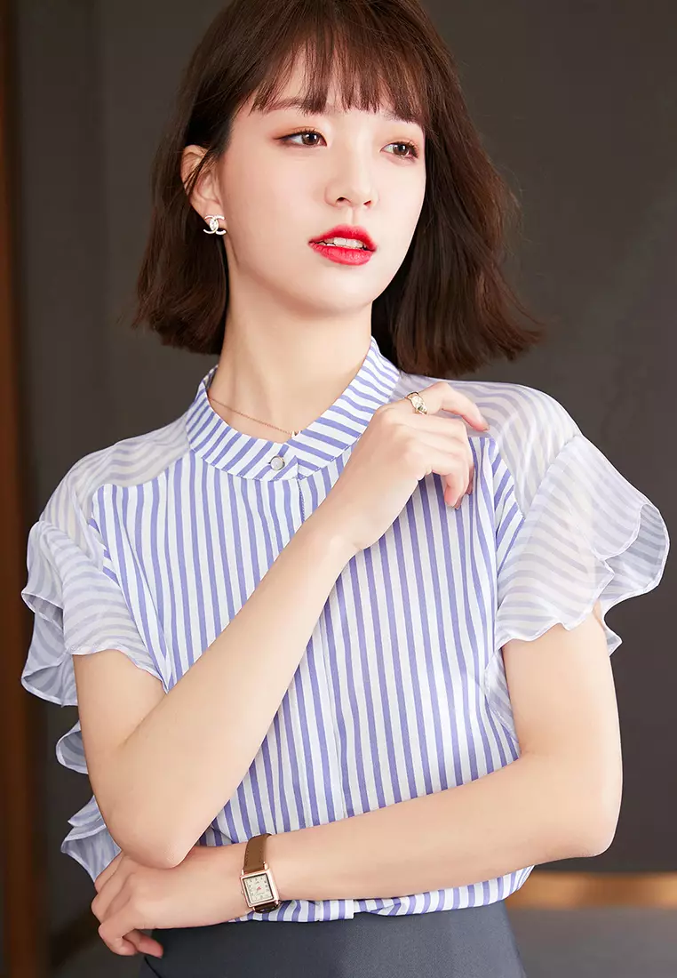 Small Fresh Striped Chiffon Short-Sleeved Shirt Top A22022522BL-XXL