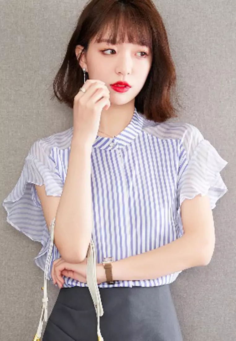 Small Fresh Striped Chiffon Short-Sleeved Shirt Top A22022522BL-XXL