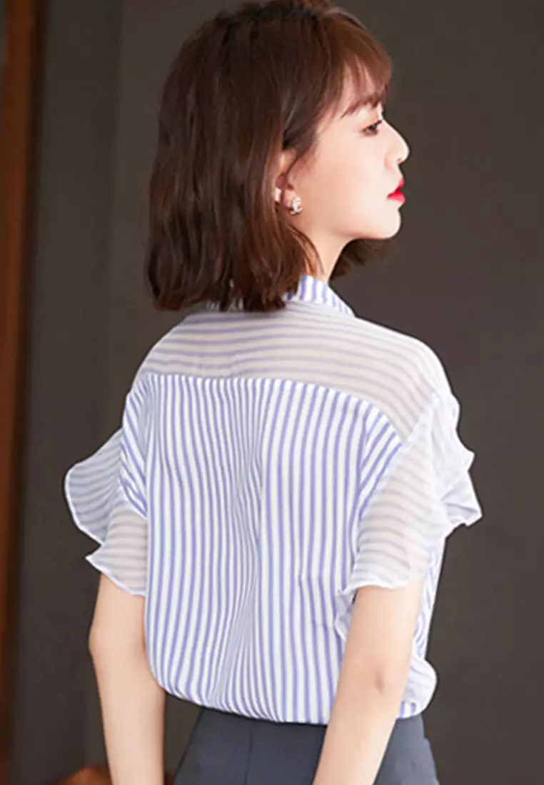 Small Fresh Striped Chiffon Short-Sleeved Shirt Top A22022522BL-XXL